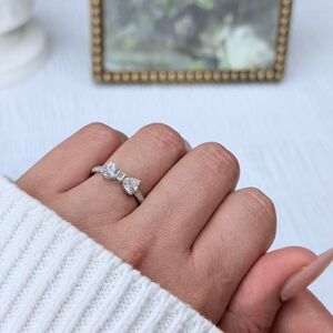 925 Sterling Silver Cubic Zirconia Bow Ring Size 7 Double Stone Promise Ring